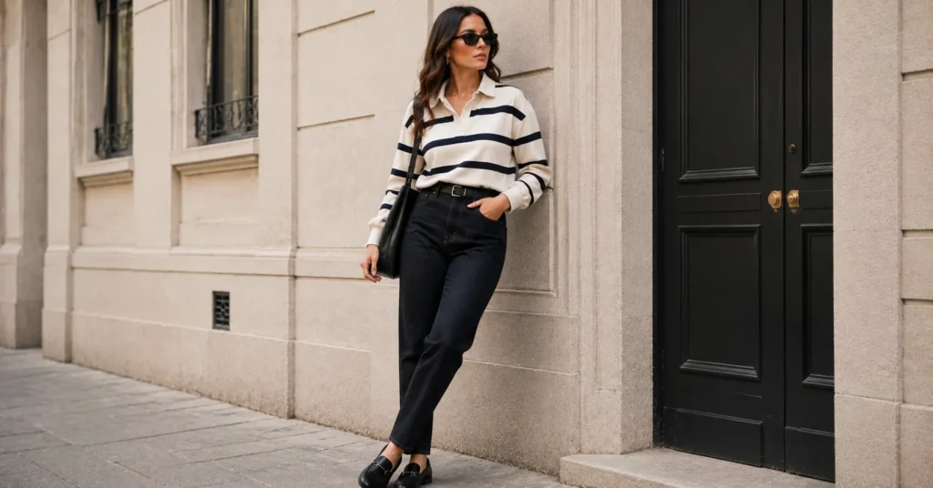 Rugby Shirts Jeans Trend: How to Style It in everytime 9 Rugby shirts jeans trend styled with a cream striped rugby shirt and dark denim jeans.