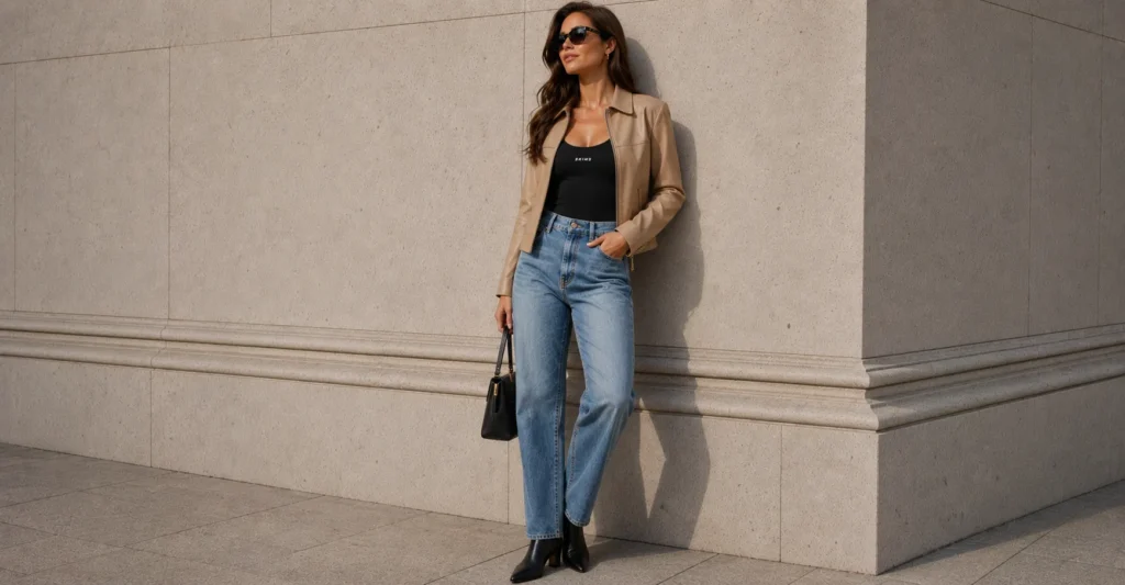 SKIMS tank top layered with a leather jacket and jeans.