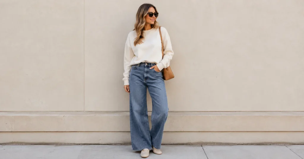 Trendy Sweatshirts Outfit Ideas: How to Style Them in this year 8 Trendy sweatshirts outfit ideas with ivory sweatshirt, wide-leg jeans, and leather loafers.