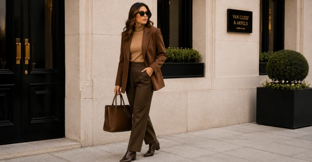 Wool Blazers for Women: The Complete Style & Buying Guide 9 Fall wool blazers for women outfit with brown blazer, ribbed turtleneck, trousers, and ankle boots.