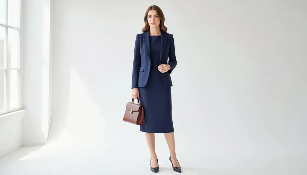 Business attire for women featuring a grey blazer, white blouse, tailored trousers, and loafers.