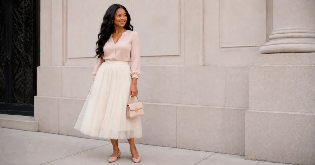 Girly Outfits Black Women Will Love: A Complete Feminine Style Guide 5 Girly outfits black women can wear with a cream tulle skirt, blush blouse, and feminine accessories.