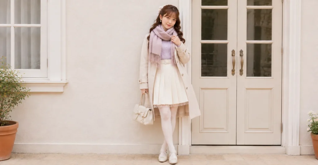Winter himekaji outfits featuring a pastel sweater and cream trench coat.