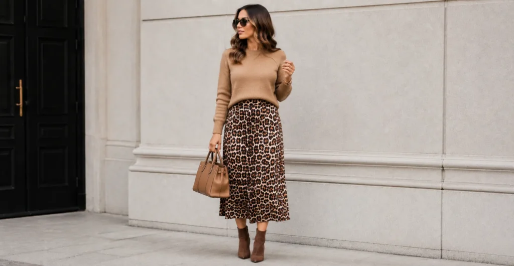 Leopard Print Outfit Ideas: How to Wear This Timeless Statement With Confidence 9 Leopard print outfit featuring a leopard skirt and camel sweater for autumn.