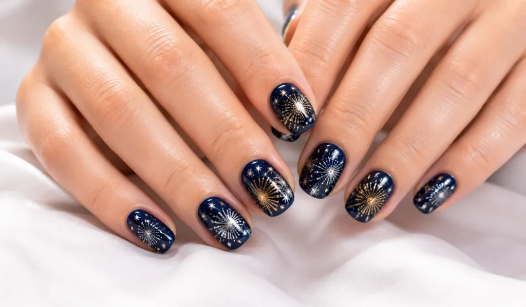 Firework nails with stamped white and gold burst designs over glossy navy polish.