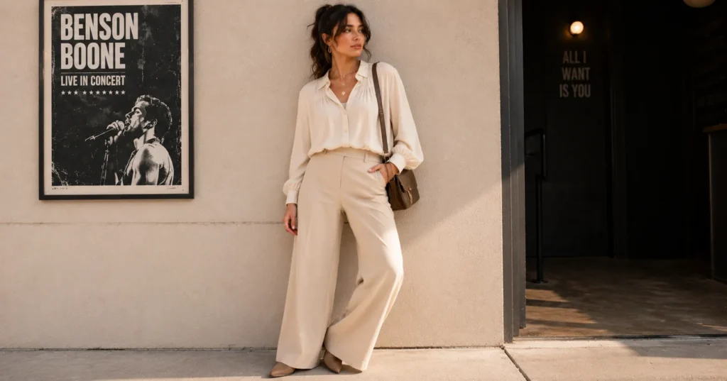Benson Boone Concert Outfit Ideas: Looks to Match Every Vibe and Venue 7 Benson Boone concert outfit ideas with a soft blouse, wide-leg trousers, low boots, and layered jewelry.