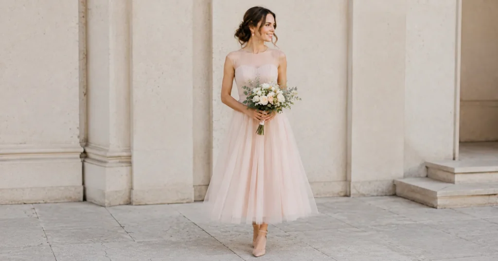 Elopement Dress Ideas: How to Find the Perfect Look for Your Intimate Wedding 9 Elopement dress ideas featuring a soft blush bridal dress for a non-traditional intimate wedding.