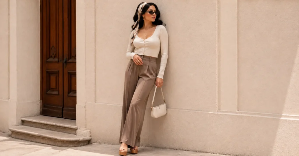 Kali Uchis outfit ideas with a silk headscarf, cat-eye sunglasses, high-waisted trousers, and gold hoops.