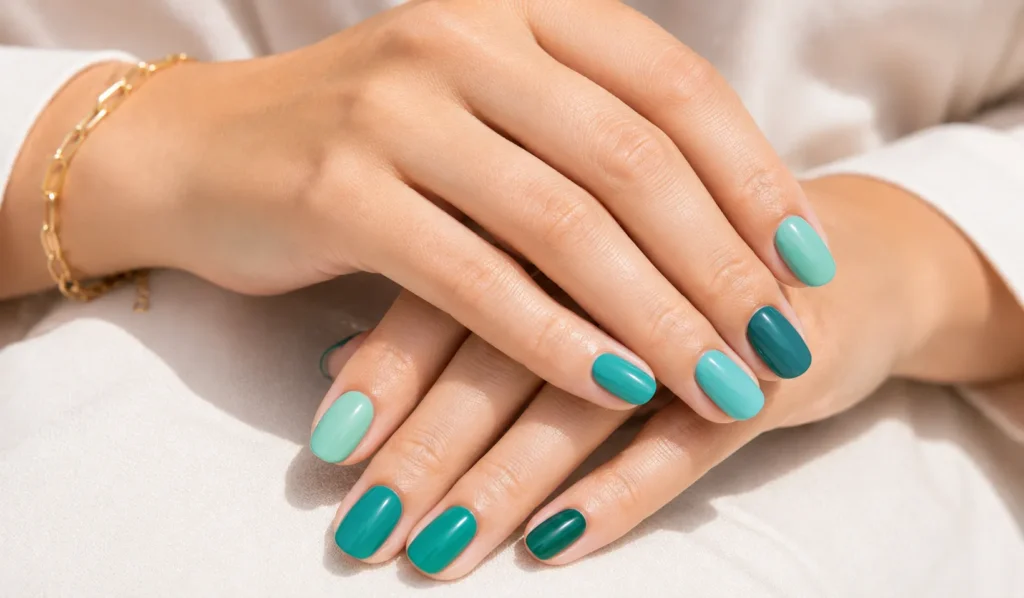 Multicolored manis palette perfection featuring elegant monochromatic teal nail shades.