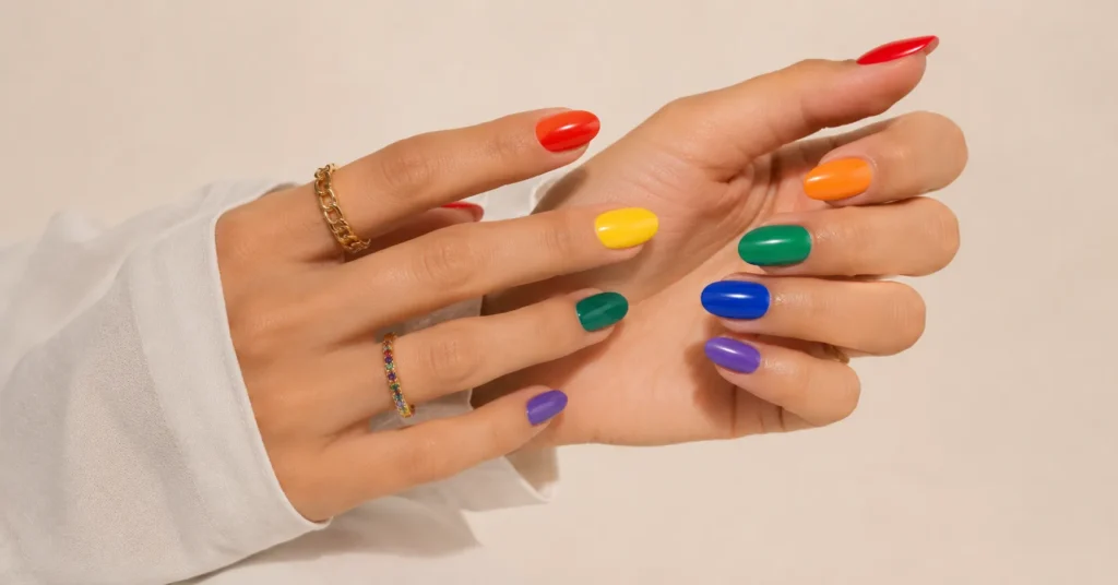 Pride Nails Designs: 30+ Bold Ideas, Colors, and Techniques to Celebrate in Style 6 Pride nails designs featuring colorful skittle nails and rainbow manicure inspiration.