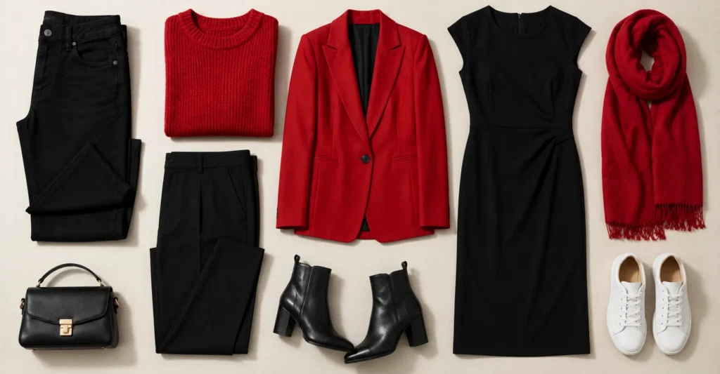 Red and black outfit ideas capsule wardrobe with versatile basics, red layers, and black accessories.
