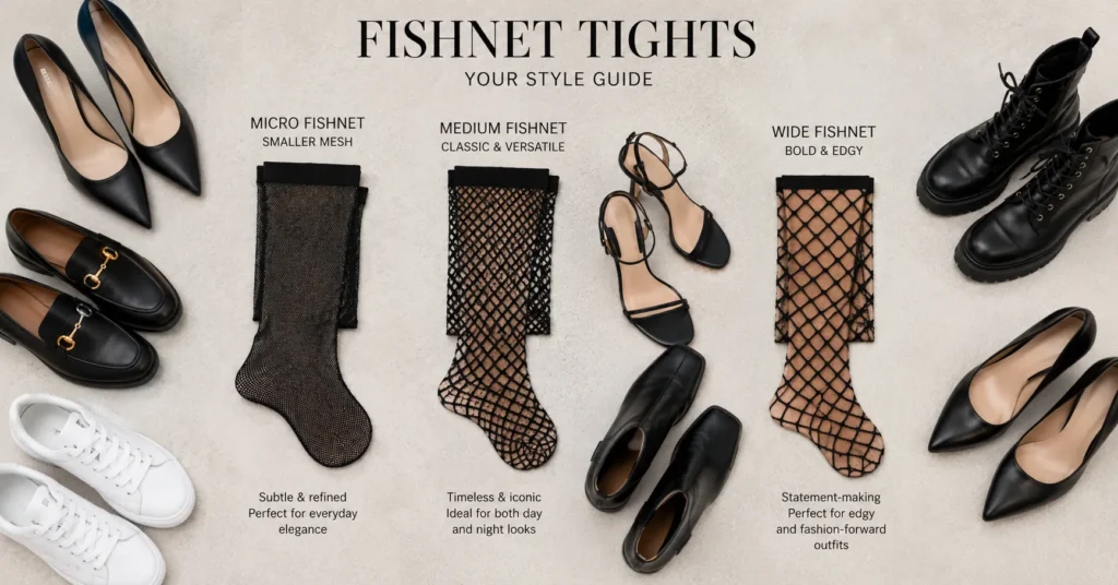 Fishnet outfits guide comparing different fishnet weave sizes and styling options