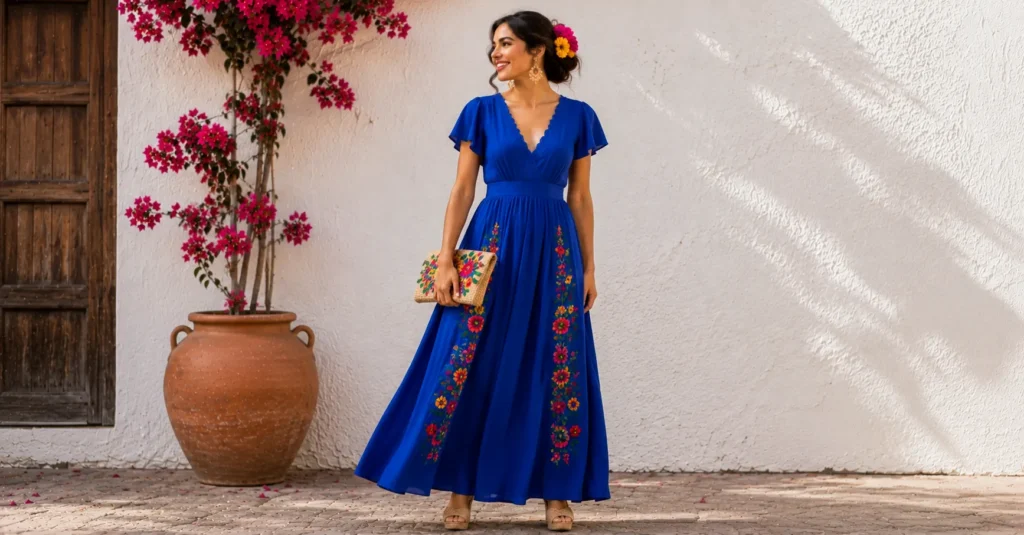 Fiesta party outfit ideas featuring a formal colorful evening dress.