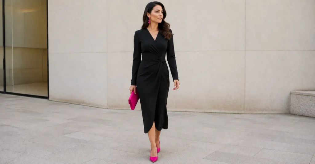 Pink and Black Outfit Ideas: 30+ Bold Looks for Any Occasion 9 Pink and Black Outfit Ideas with a black dress and pink heels for evening wear