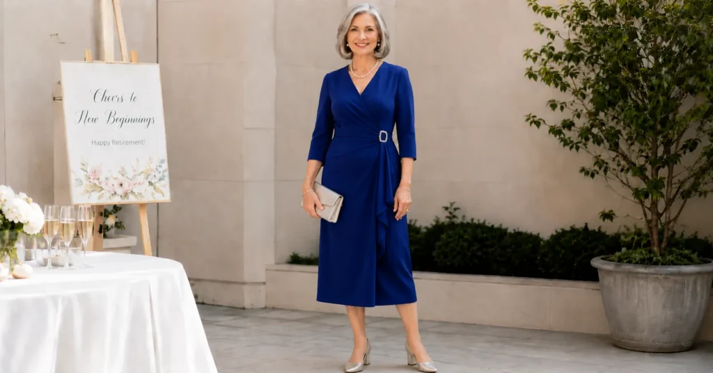 Retirement Party Outfit Ideas for Ladies: 30+ Elegant Looks for Every Setting 9 Retirement Party Outfit Ideas for Ladies for the guest of honor in a sapphire wrap dress