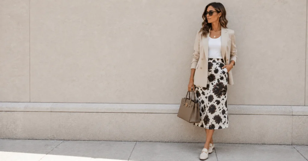Cow Print Skirt Outfit Ideas: 30 Effortless Looks You'll Love 10 Cow Print Skirt Outfit Ideas featuring a blazer and loafers.