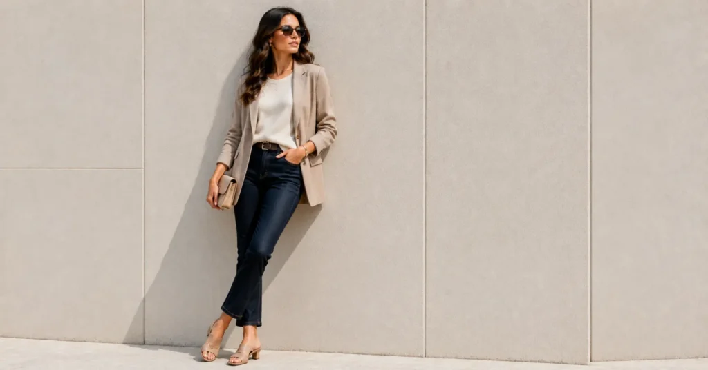 Smart Casual Outfit Ideas for women with dark jeans and a blazer.