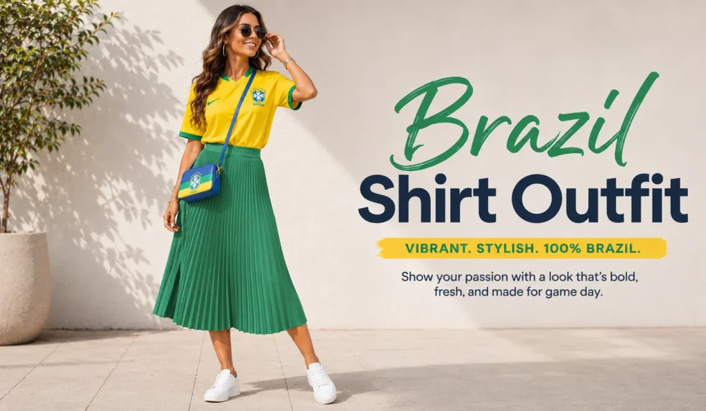 Brazil Shirt Outfit: The Complete Guide to a Bold Game Day Look 3 Brazil shirt outfit featuring a yellow jersey, green skirt, and Brazil-inspired accessories.