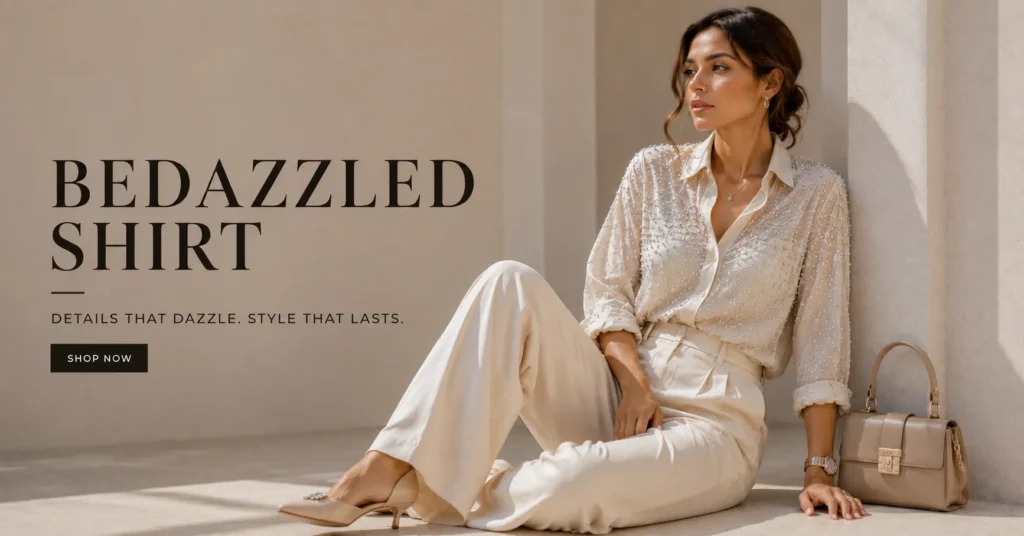 Bedazzled Shirt: The Complete Guide to Dazzling Style 8 Bedazzled shirt featured in a luxury fashion editorial outfit with elegant wide-leg trousers.