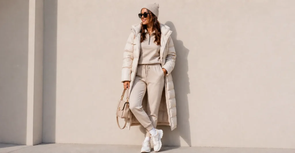 Sporty outfits for women featuring a matching tracksuit and puffer coat for winter styling.