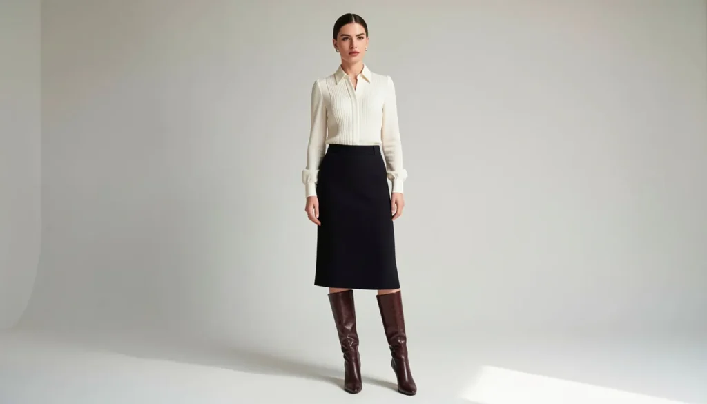 Lorelai Gilmore outfits ideas featuring knee-high boots paired with a chic skirt and blouse combination.