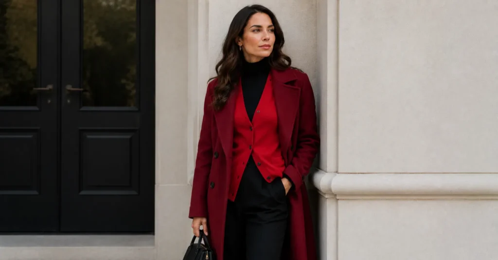 Red cardigan outfits layered with a turtleneck and coat for stylish winter fashion.