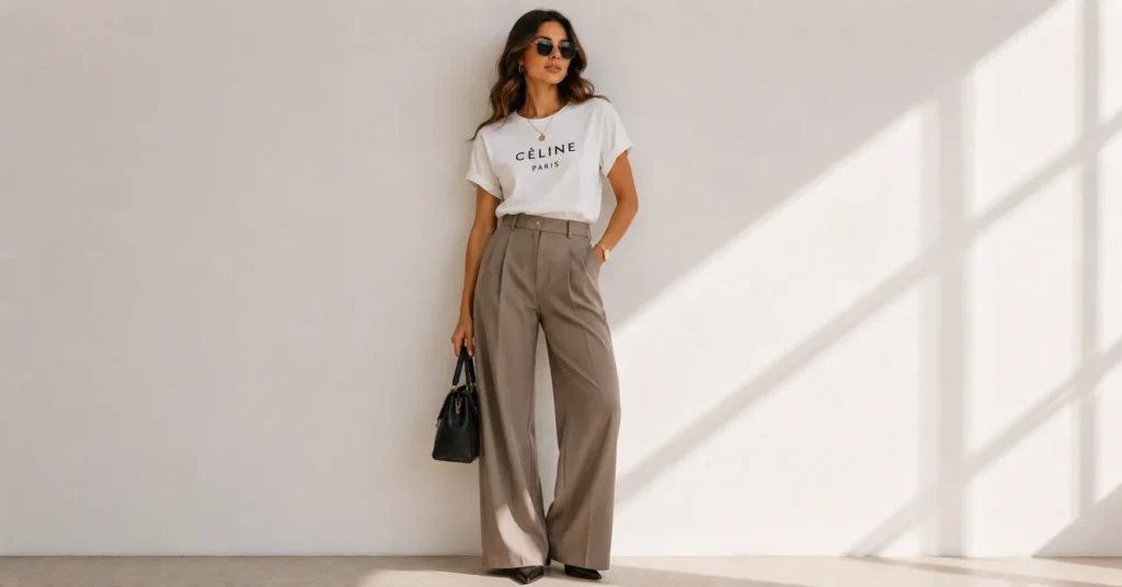 Graphic tee styling with wide-leg trousers