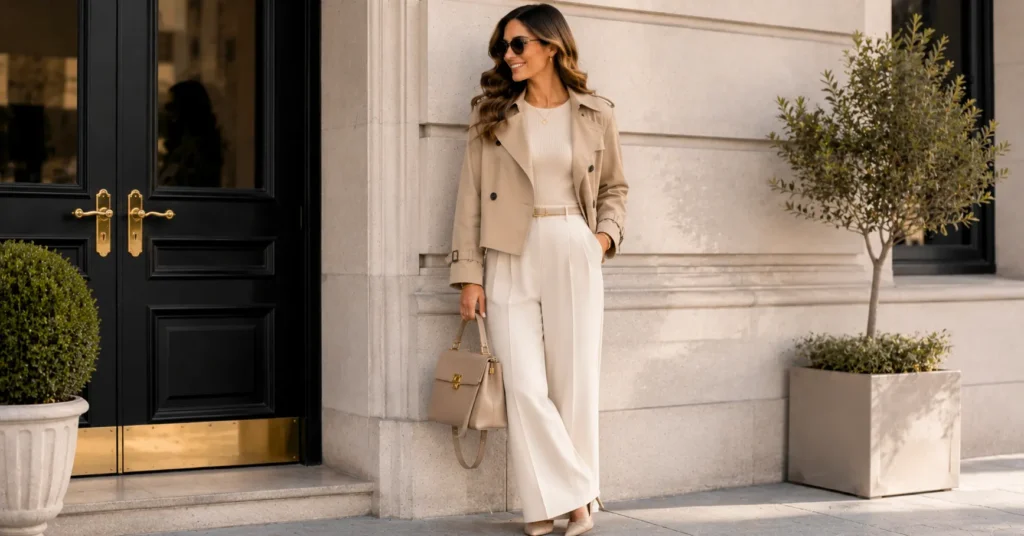 Cropped trench coat outfit ideas featuring a chic monochromatic beige and cream outfit.