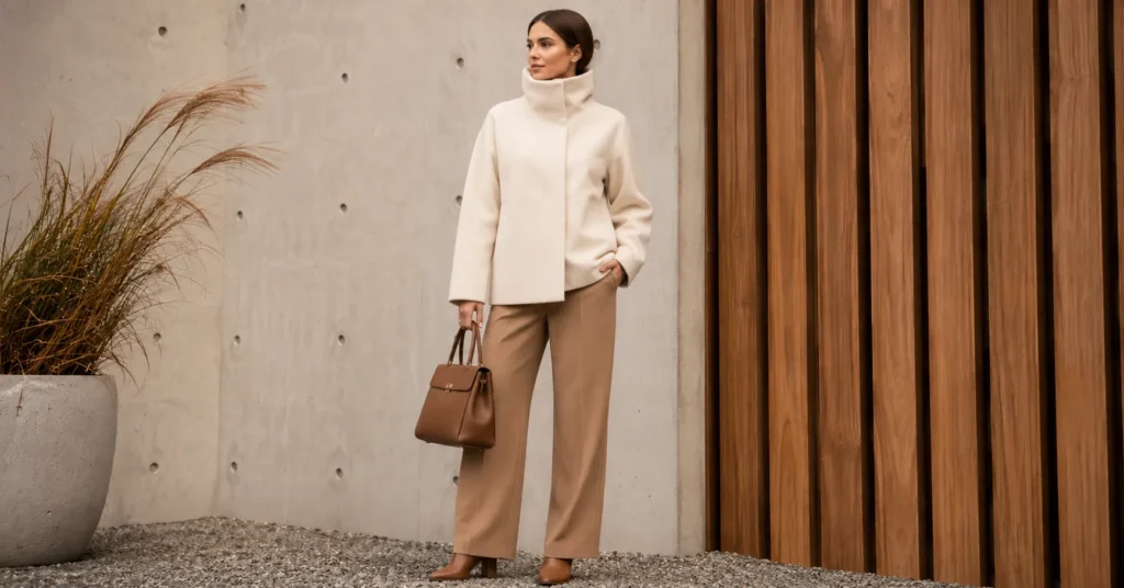 Funnel Neck Jacket: The Complete Style & Buying Guide 7 Premium wool funnel neck jacket outfit featuring elegant winter fashion styling and a structured funnel neck collar.