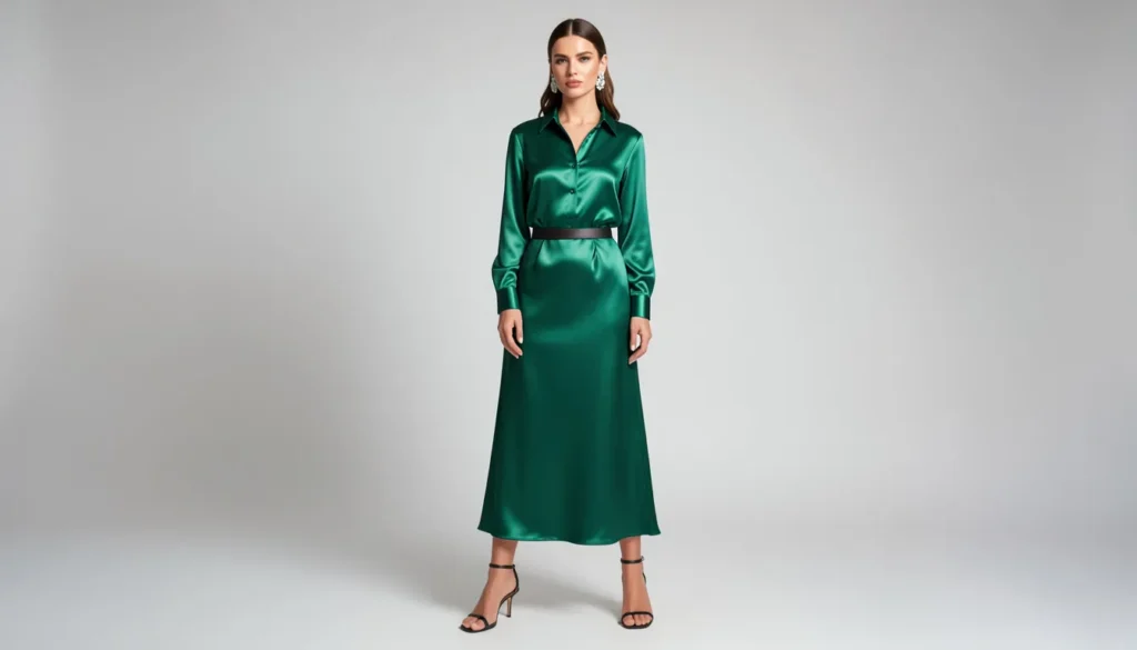 Shirt Dresses for Women: The Complete Style Guide 10 Shirt dresses for women featuring an elegant satin shirt dress for evening wear.