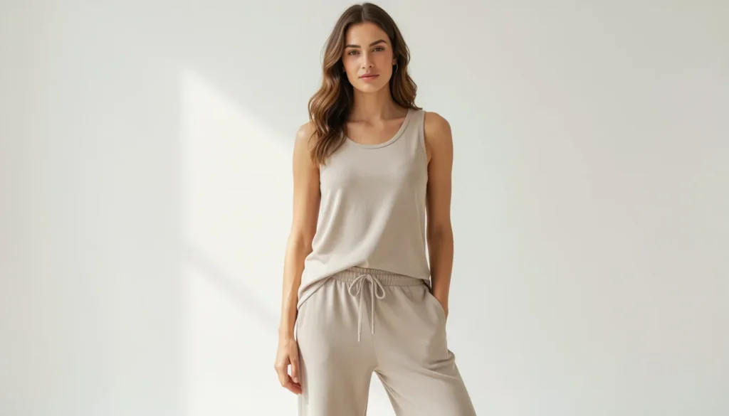 SKIMS tank top styled as luxury loungewear with matching lounge pants.