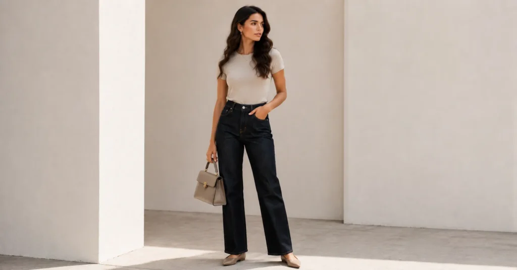 Stovepipe Jeans Outfit Ideas: How to Style Them in this year 9 Stovepipe jeans outfit ideas styled with pointed-toe flats for an elongated silhouette.
