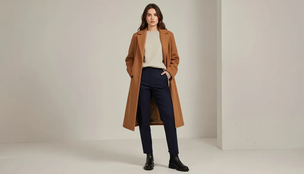 Trendy Sweatshirts Outfit Ideas: How to Style Them in this year 9 Winter trendy sweatshirts outfit ideas with oatmeal sweatshirt, camel coat, tailored trousers, and Chelsea boots.