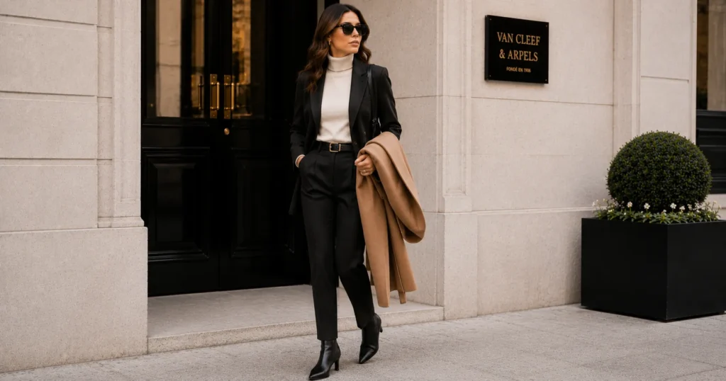 Wool Blazers for Women: The Complete Style & Buying Guide 10 Winter wool blazers for women outfit ideas with black wool blazer, cream turtleneck, and ankle boots.