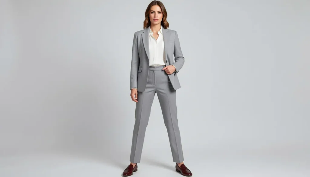 Business attire for women featuring a navy sheath dress, fitted blazer, and closed-toe pumps.