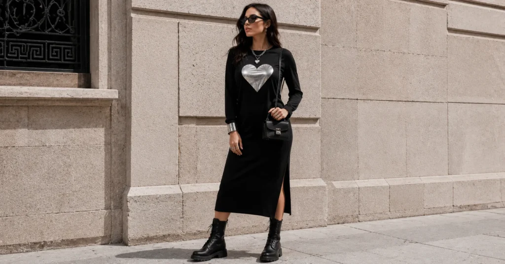 Chrome heart dress outfit featuring black long-sleeve dress, combat boots, silver jewelry, and sunglasses.