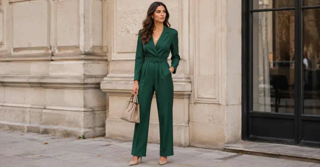 Green Jumpsuit Styles: How to Wear This Versatile Wardrobe Hero 9 Green jumpsuit styles paired with gold accessories for elegant fashion