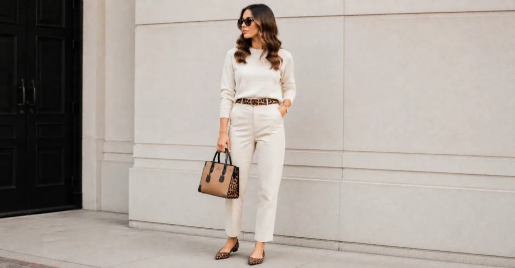 Leopard Print Outfit Ideas: How to Wear This Timeless Statement With Confidence 10 Leopard print outfit styled with leopard print shoes, belt, and handbag accessories.