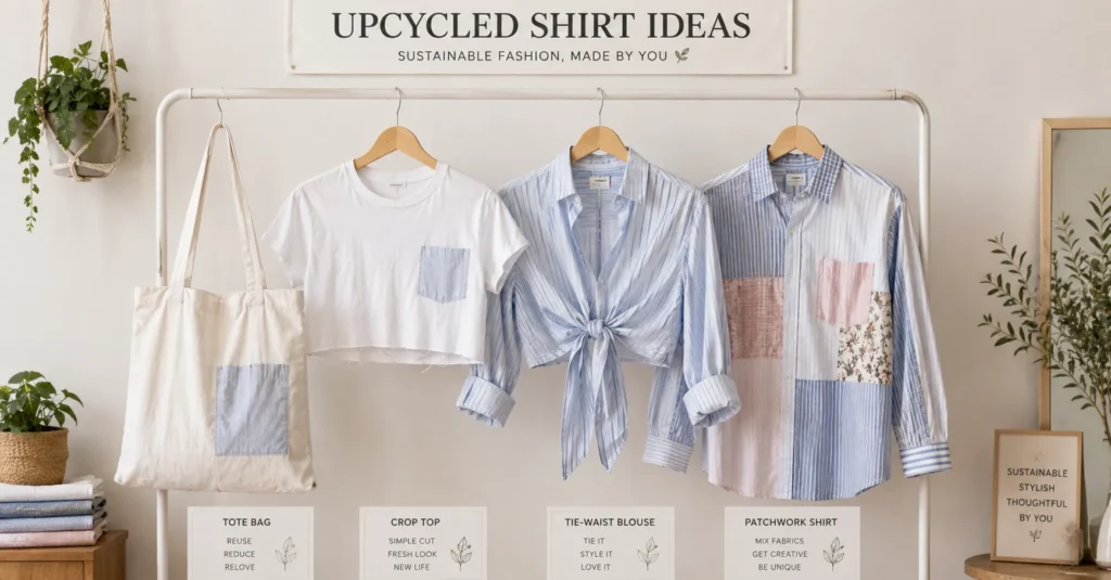Upcycle Shirt Projects: The Complete Guide to Refashioning Old Shirts Into Something New 8 Upcycle shirt project display featuring refashioned shirts and sustainable DIY wardrobe ideas.