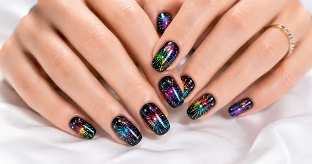 Firework nails with rainbow neon burst designs and glitter over glossy black polish.