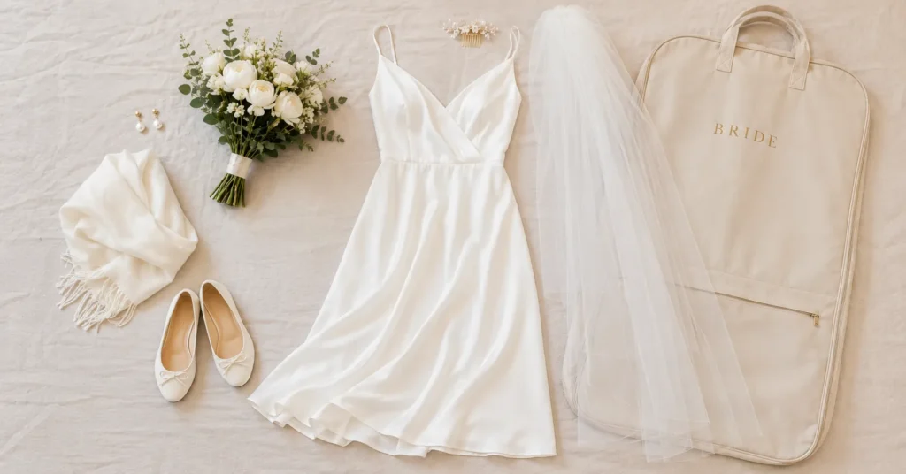 Elopement Dress Ideas: How to Find the Perfect Look for Your Intimate Wedding 10 Elopement dress ideas flat lay with bridal dress, pearl earrings, veil, flats, bouquet, and wedding