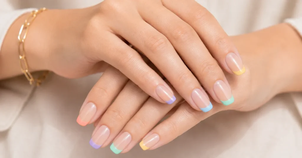 Multicolored manis palette perfection with colorful French tip nail design.