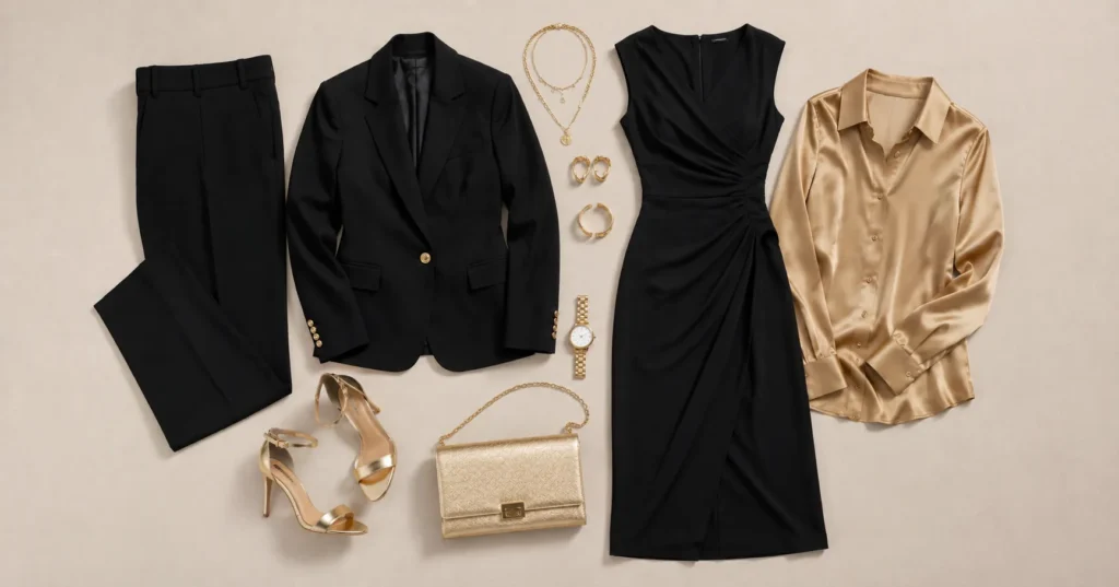 Gold and black outfit ideas featuring capsule wardrobe essentials and accessories.