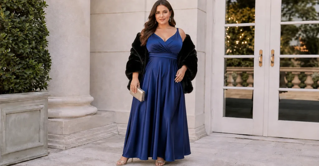 Plus Size Christmas Party Outfit Ideas featuring a formal sapphire satin gala gown