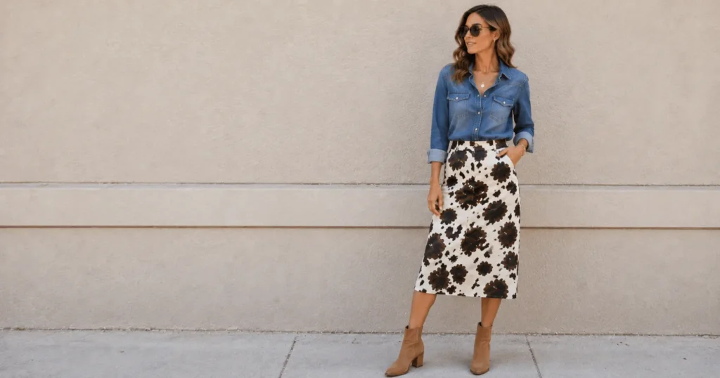 Cow Print Skirt Outfit Ideas: 30 Effortless Looks You'll Love 7 Cow Print Skirt Outfit Ideas styled with a denim shirt and ankle boots.
