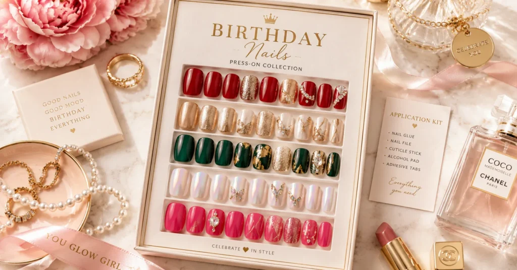 Luxury press-on glamorous birthday nails with elegant hand-painted designs.