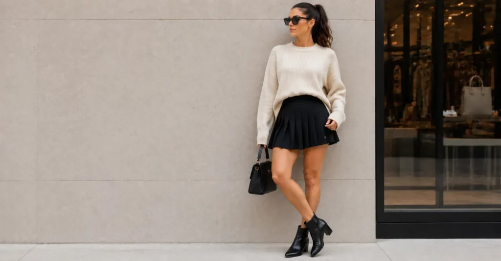 Fall Lululemon Skirt Outfit Ideas with a chunky knit sweater and ankle boots.
