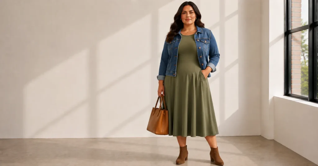 Plus Size Business Casual Outfit Ideas: 25 Effortless Looks for Work 10 Plus Size Business Casual Outfit Ideas for casual Friday with a midi dress and denim jacket.
