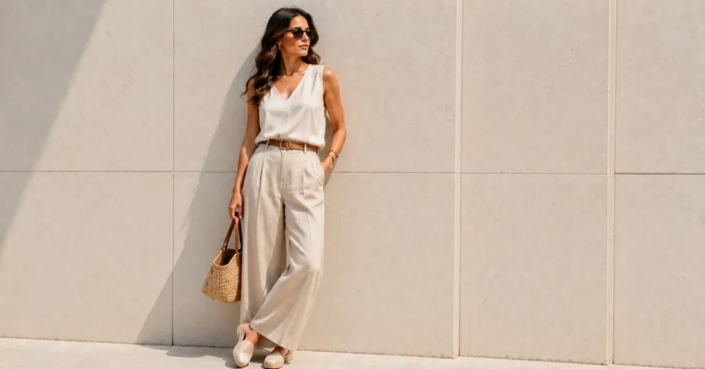 Summer Smart Casual Outfit Ideas featuring linen trousers and a sleeveless blouse.