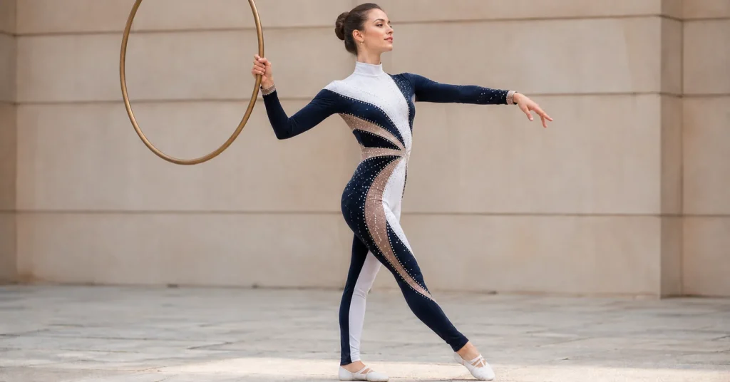 Female acrobat wearing a modern geometric color-block performance bodysuit with crystal embellishments, posing confidently with a hoop in a bright editorial setting.